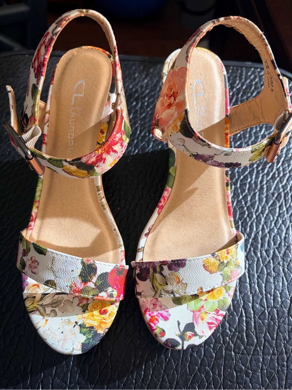 CL by Laundry Floral Ankle-Strap Sandals in White with Pink & Yellow Flowers